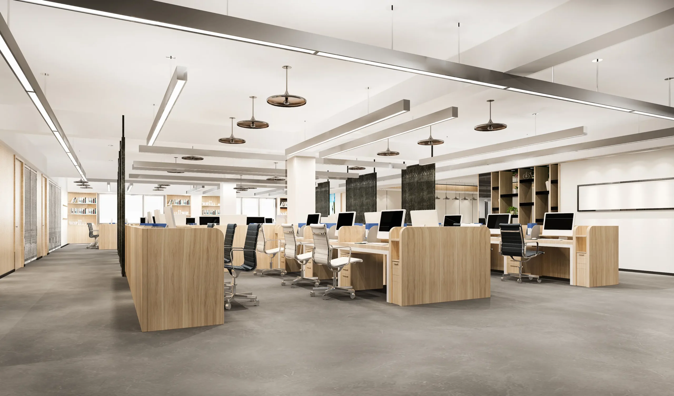Open office area with desks and partitions