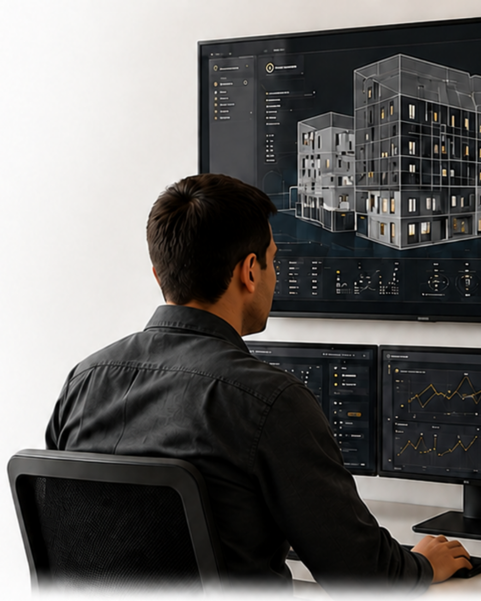 A person examines a building model on a screen