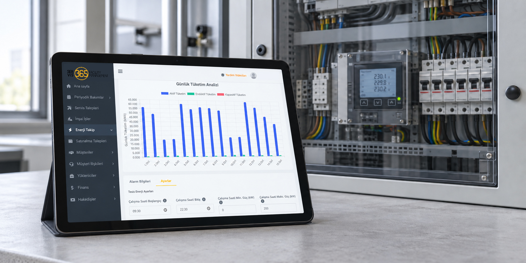 Tablet showing an energy consumption chart in front of an electrical panel